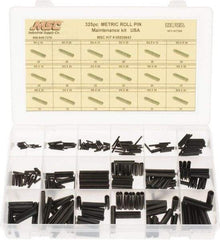 Made in USA - 325 Piece, M1 to M8 Pin Diam, Spring Pin Assortment - 10 to 40mm Long, Steel - USA Tool & Supply