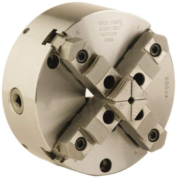 Buck Chuck Company - 4 Jaws, 6" Diam, Self Centering Manual Lathe Chuck - Front Mount, Adjustable, Reversible, 4,600 Max RPM, 1.78" Through Hole Diam, Forged Steel - USA Tool & Supply