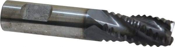 ProMax - 3/8" Diam, Coarse Pitch, 5/8" LOC, 4 Flute Solid Carbide 0.055-0.065" Corner Radius Roughing End Mill - AlTiN Finish, 2" OAL, 3/8" Shank Diam, Single End, Centercutting, 30° Helix - USA Tool & Supply