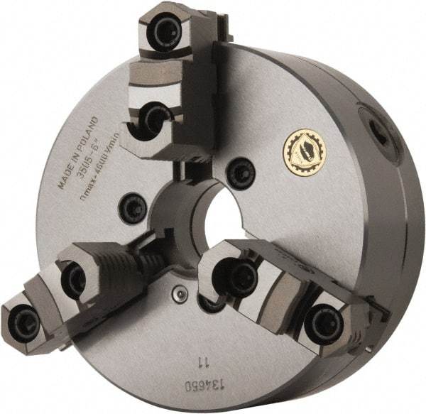Bison - 3 Jaws, 6" Diam, Self Centering Manual Lathe Chuck - Plain Back Mount Spindle, Reversible, 4,500 Max RPM, 1.6535" Through Hole Diam, 0.0014" Axial Runout, 0.0012" Radial Runout, Forged Steel - USA Tool & Supply