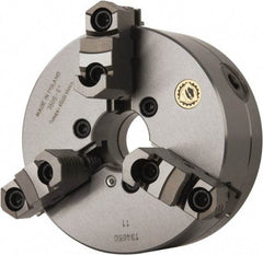 Bison - 3 Jaws, 6" Diam, Self Centering Manual Lathe Chuck - Plain Back Mount Spindle, Reversible, 4,500 Max RPM, 1.6535" Through Hole Diam, 0.0014" Axial Runout, 0.0012" Radial Runout, Forged Steel - USA Tool & Supply