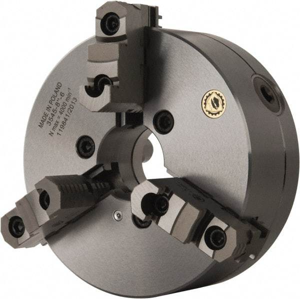 Bison - 3 Jaws, 8" Diam, Self Centering Manual Lathe Chuck - D1-6 Mount Spindle, Reversible, 4,000 Max RPM, 2.1653" Through Hole Diam, 0.001" Axial Runout, 0.0016" Radial Runout, Forged Steel - USA Tool & Supply