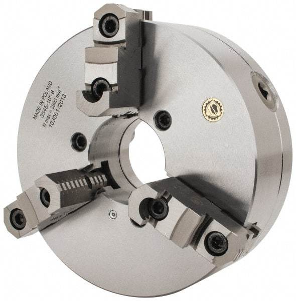 Bison - 3 Jaws, 10" Diam, Self Centering Manual Lathe Chuck - D1-8 Mount Spindle, Reversible, 3,500 Max RPM, 2.9921" Through Hole Diam, 0.001" Axial Runout, 0.0016" Radial Runout, Forged Steel - USA Tool & Supply
