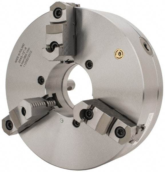 Bison - 3 Jaws, 12" Diam, Self Centering Manual Lathe Chuck - D1-8 Mount Spindle, Reversible, 2,800 Max RPM, 4.0551" Through Hole Diam, 0.0012" Axial Runout, 0.002" Radial Runout, Forged Steel - USA Tool & Supply