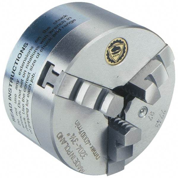 Bison - 3 Jaws, 10" Diam, Self Centering Manual Lathe Chuck - Plain Back Mount Spindle, 2,000 Max RPM, 2.9921" Through Hole Diam, 0.001" Axial Runout, 0.0016" Radial Runout, Cast Iron - USA Tool & Supply