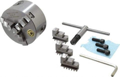 Bison - 3 Jaws, 4" Diam, Self Centering Manual Lathe Chuck - Plain Back Mount Spindle, 3,500 Max RPM, 0.7874" Through Hole Diam, 0.0006" Axial Runout, 0.0008" Radial Runout, Cast Iron - USA Tool & Supply
