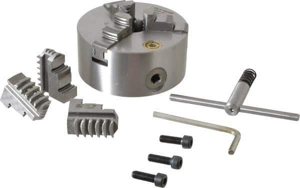 Bison - 3 Jaws, 5" Diam, Self Centering Manual Lathe Chuck - Plain Back Mount Spindle, 3,200 Max RPM, 1.2598" Through Hole Diam, 0.0008" Axial Runout, 0.0012" Radial Runout, Cast Iron - USA Tool & Supply