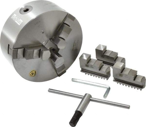 Bison - 3 Jaws, 8" Diam, Self Centering Manual Lathe Chuck - Plain Back Mount Spindle, 2,500 Max RPM, 2.1653" Through Hole Diam, 0.001" Axial Runout, 0.0016" Radial Runout, Cast Iron - USA Tool & Supply