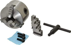 Interstate - 3 Jaws, 3" Diam, Self Centering Manual Lathe Chuck - Plain Back Mount Spindle, 0.6299" Through Hole Diam, 0.003" Axial Runout, Cast Iron - USA Tool & Supply