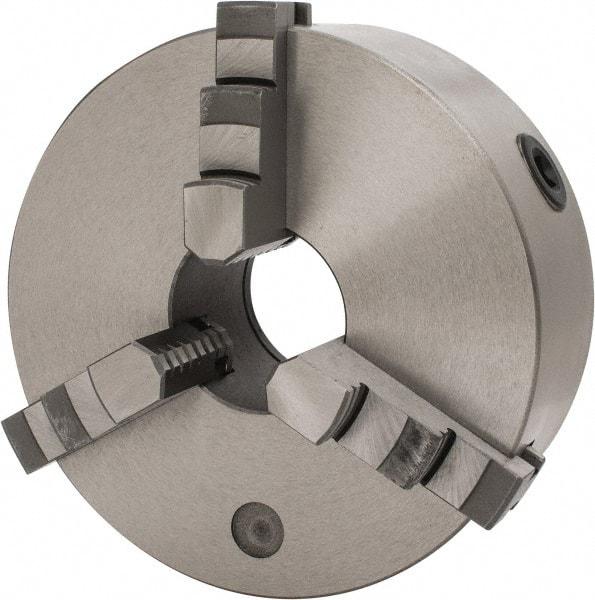 Interstate - 3 Jaws, 8" Diam, Self Centering Manual Lathe Chuck - Plain Back Mount Spindle, 2.5591" Through Hole Diam, 0.003" Axial Runout, Cast Iron - USA Tool & Supply