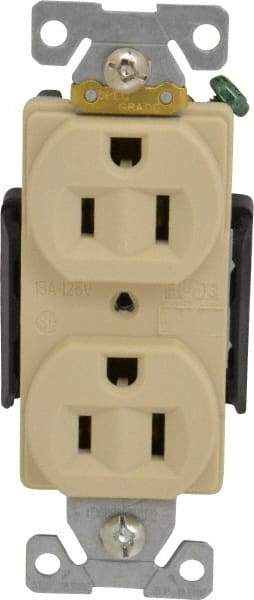 Cooper Wiring Devices - 125 VAC, 15 Amp, 5-15R NEMA Configuration, Ivory, Industrial Grade, Self Grounding Duplex Receptacle - 1 Phase, 2 Poles, 3 Wire, Flush Mount, Chemical, Heat and Impact Resistant - USA Tool & Supply