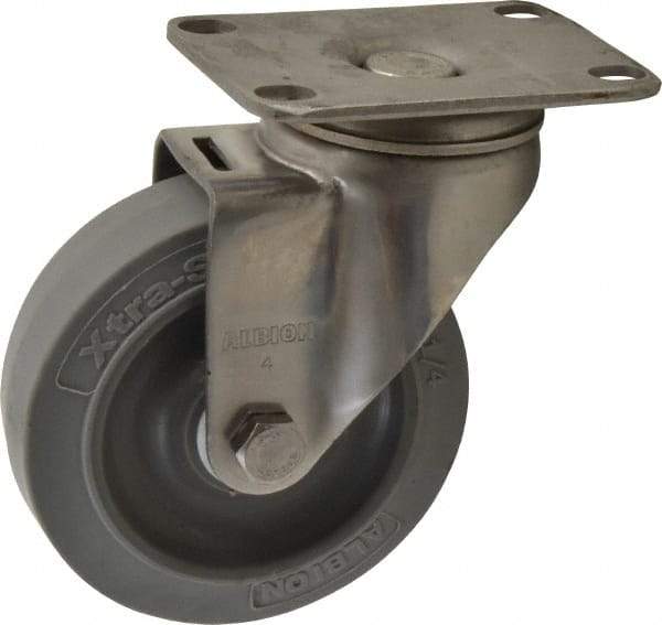 Albion - 4" Diam x 1-1/4" Wide x 5-1/8" OAH Top Plate Mount Swivel Caster - Soft Rubber, 300 Lb Capacity, Delrin Bearing, 2-1/2 x 3-5/8" Plate - USA Tool & Supply