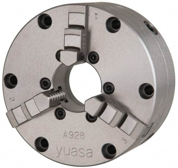 Yuasa - 3 Jaws, 10" Diam, Self Centering Manual Lathe Chuck - Plain Back Mount Spindle, Adjustable, Reversible, 3.5433" Through Hole Diam, 0.0005" Axial Runout, Cast Iron - USA Tool & Supply