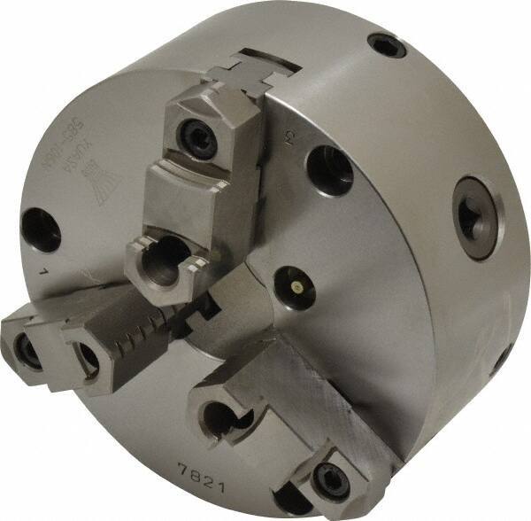 Yuasa - 3 Jaws, 6" Diam, Self Centering Manual Lathe Chuck - Plain Back Mount Spindle, Adjustable, Reversible, 1.7323" Through Hole Diam, 0.0005" Axial Runout, Cast Iron - USA Tool & Supply