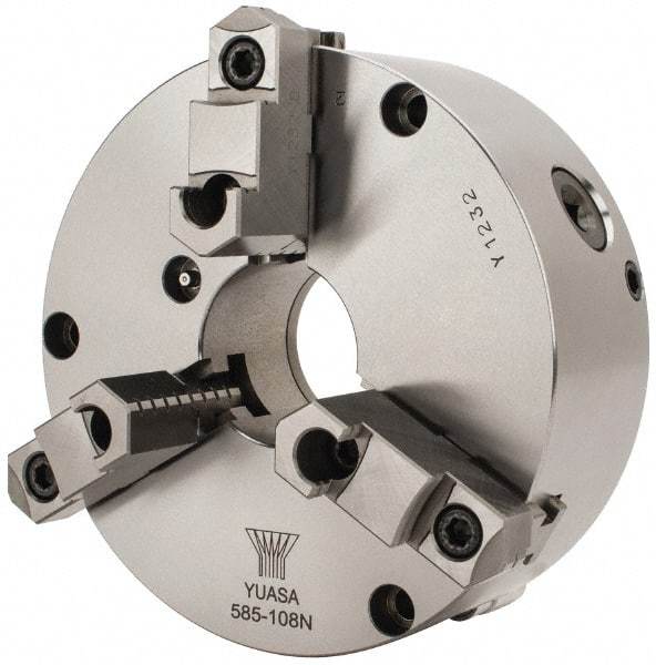 Yuasa - 3 Jaws, 8" Diam, Self Centering Manual Lathe Chuck - Plain Back Mount Spindle, Adjustable, Reversible, 2.4803" Through Hole Diam, 0.0005" Axial Runout, Cast Iron - USA Tool & Supply
