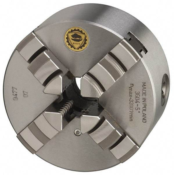 Bison - 4 Jaws, 8" Diam, Self Centering Manual Lathe Chuck - Plain Back Mount Spindle, 2,500 Max RPM, 2.1654" Through Hole Diam, 0.001" Axial Runout, 0.0016" Radial Runout, Cast Iron - USA Tool & Supply