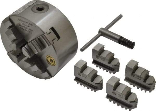 Bison - 4 Jaws, 5" Diam, Self Centering Manual Lathe Chuck - Plain Back Mount Spindle, 3,200 Max RPM, 9.921" Through Hole Diam, 0.0008" Axial Runout, 0.0012" Radial Runout, Cast Iron - USA Tool & Supply