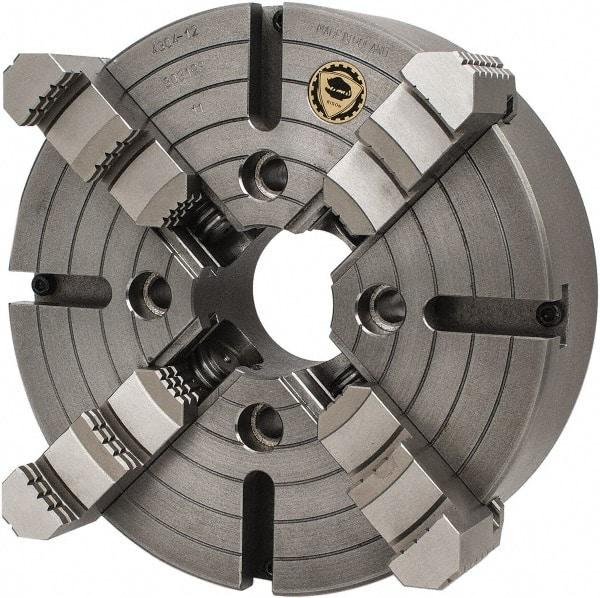 Bison - 4 Jaws, 12" Diam, Independent Manual Lathe Chuck - Plain Back Mount Spindle, Reversible, 1,200 Max RPM, 3.1496" Through Hole Diam, Cast Iron - USA Tool & Supply
