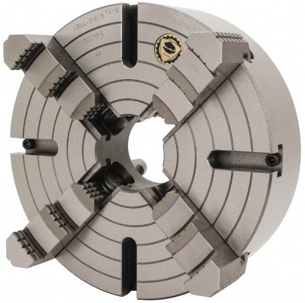 Bison - 4 Jaws, 12" Diam, Independent Manual Lathe Chuck - D1-6 Mount Spindle, Reversible, 3.1496" Through Hole Diam, Cast Iron - USA Tool & Supply