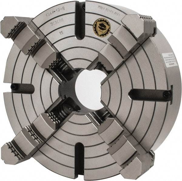 Bison - 4 Jaws, 12" Diam, Independent Manual Lathe Chuck - D1-8 Mount Spindle, Reversible, 3.1496" Through Hole Diam, Cast Iron - USA Tool & Supply