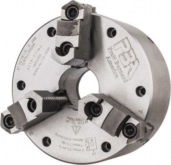 Pratt Burnerd America - 3 Jaws, 6" Diam, Self Centering Manual Lathe Chuck - Plain Back Mount Spindle, Adjustable, Reversible, 4,900 Max RPM, 1.81" Through Hole Diam, Forged Steel - USA Tool & Supply
