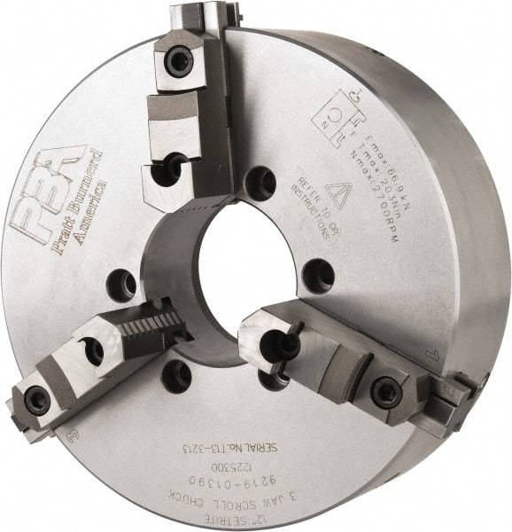 Pratt Burnerd America - 3 Jaws, 12" Diam, Self Centering Manual Lathe Chuck - Plain Back Mount Spindle, Adjustable, Reversible, 2,300 Max RPM, 4.06" Through Hole Diam, Forged Steel - USA Tool & Supply