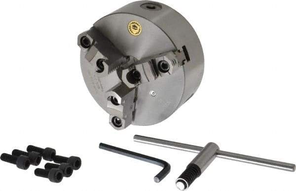 Bison - 3 Jaws, 6" Diam, Self Centering Manual Lathe Chuck - Plain Back Mount Spindle, Reversible, 3,000 Max RPM, 1.6535" Through Hole Diam, 0.0008" Axial Runout, 0.0012" Radial Runout, Cast Iron - USA Tool & Supply