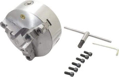 Bison - 3 Jaws, 8" Diam, Self Centering Manual Lathe Chuck - Plain Back Mount Spindle, Reversible, 2,500 Max RPM, 2.1653" Through Hole Diam, 0.001" Axial Runout, 0.0016" Radial Runout, Cast Iron - USA Tool & Supply