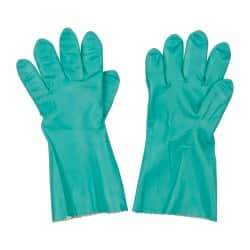 MAPA Professional - Size 2XL (11), 14" Long, 11 mil Thick, Supported, Nitrile Chemical Resistant Gloves - Textured Finish, Knit Lined, Gauntlet Pinked Cuff, Green, FDA Approved - USA Tool & Supply