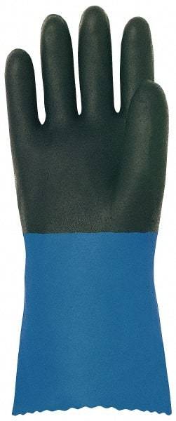 MAPA Professional - Size M (7), 12" Long, Supported, Neoprene Chemical Resistant Gloves - Textured Finish, Cotton Interlock Knit Lined, Gauntlet Pinked Cuff, Black/Blue - USA Tool & Supply