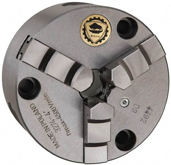 Bison - 3 Jaws, 10" Diam, Self Centering Manual Lathe Chuck - Front Mount, 2.9921" Through Hole Diam, Cast Iron - USA Tool & Supply