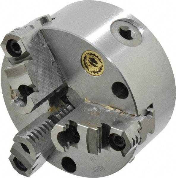 Bison - 3 Jaws, 5" Diam, Self Centering Manual Lathe Chuck - Front Mount, Reversible, 1.2598" Through Hole Diam, Cast Iron - USA Tool & Supply