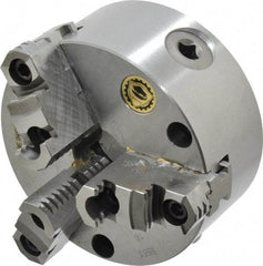 Bison - 3 Jaws, 5" Diam, Self Centering Manual Lathe Chuck - Front Mount, Reversible, 1.2598" Through Hole Diam, Cast Iron - USA Tool & Supply