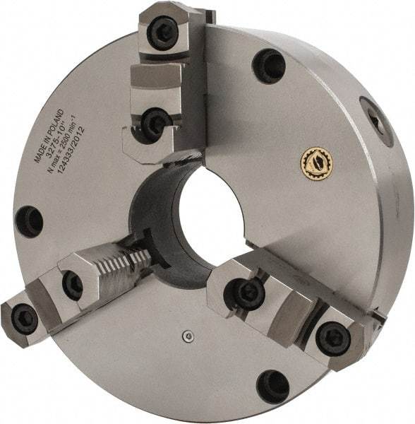 Bison - 3 Jaws, 10" Diam, Self Centering Manual Lathe Chuck - Front Mount, Reversible, 2.9921" Through Hole Diam, Cast Iron - USA Tool & Supply