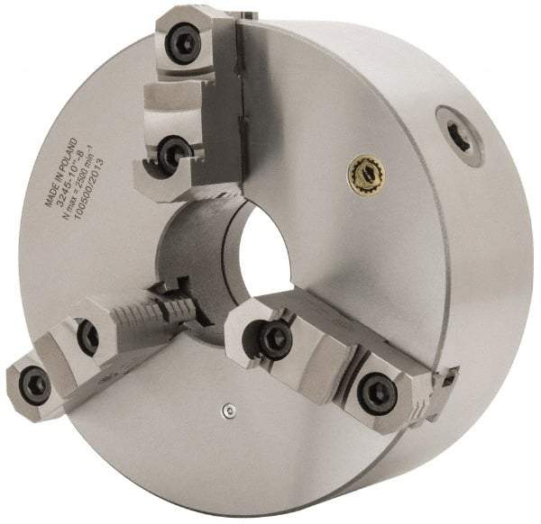 Bison - 3 Jaws, 10" Diam, Self Centering Manual Lathe Chuck - D1-8 Mount Spindle, Reversible, 2,000 Max RPM, 2.9921" Through Hole Diam, 0.001" Axial Runout, 0.0016" Radial Runout, Cast Iron - USA Tool & Supply