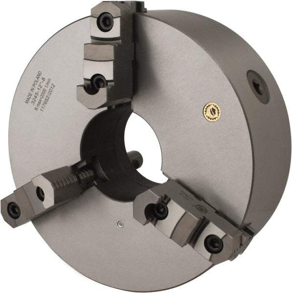 Bison - 3 Jaws, 12" Diam, Self Centering Manual Lathe Chuck - D1-8 Mount Spindle, Reversible, 1,500 Max RPM, 4.0551" Through Hole Diam, 0.0012" Axial Runout, 0.002" Radial Runout, Cast Iron - USA Tool & Supply