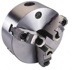 Interstate - 3 Jaws, 12" Diam, Self Centering Manual Lathe Chuck - Plain Back Mount Spindle, Reversible, 3-15/16" Through Hole Diam, 0.003" Axial Runout, Cast Iron - USA Tool & Supply