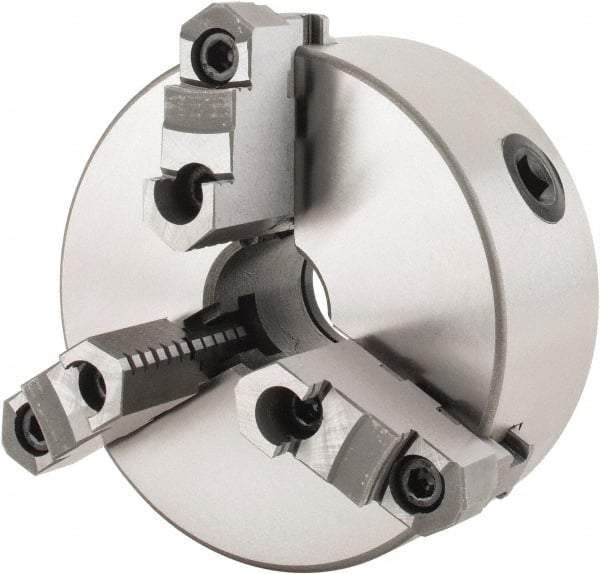 Interstate - 3 Jaws, 6" Diam, Self Centering Manual Lathe Chuck - Plain Back Mount Spindle, Reversible, 1.5748" Through Hole Diam, 0.003" Axial Runout, Cast Iron - USA Tool & Supply