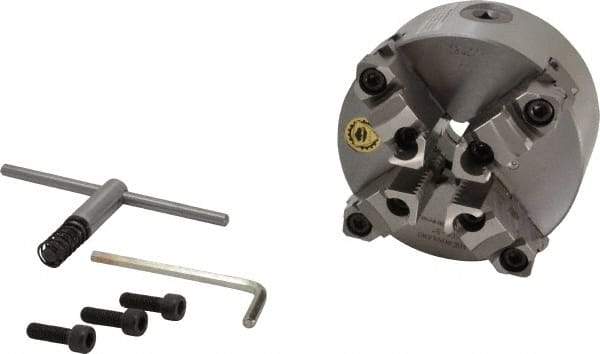 Bison - 4 Jaws, 5" Diam, Self Centering Manual Lathe Chuck - Plain Back Mount Spindle, Reversible, 3,200 Max RPM, 1.2598" Through Hole Diam, 0.0012" Axial Runout, 0.0015" Radial Runout, Cast Iron - USA Tool & Supply