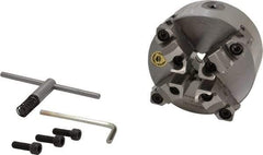 Bison - 4 Jaws, 5" Diam, Self Centering Manual Lathe Chuck - Plain Back Mount Spindle, Reversible, 3,200 Max RPM, 1.2598" Through Hole Diam, 0.0012" Axial Runout, 0.0015" Radial Runout, Cast Iron - USA Tool & Supply