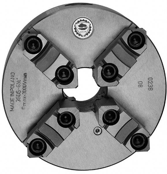 Bison - 4 Jaws, 8" Diam, Self Centering Manual Lathe Chuck - Plain Back Mount Spindle, Reversible, 2,500 Max RPM, 2.1654" Through Hole Diam, 0.0012" Axial Runout, 0.0023" Radial Runout, Cast Iron - USA Tool & Supply