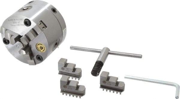 Bison - 3 Jaws, 4" Diam, Self Centering Manual Lathe Chuck - Adjustable, 0.787" Through Hole Diam, Forged Steel - USA Tool & Supply