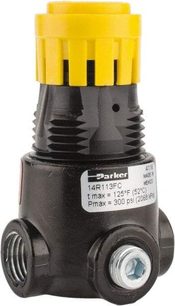 Parker - 1/4 NPT Port, 15 CFM, Zinc Miniature Regulator - 2 to 125 psi Range, 300 Max psi Supply Pressure, 1/8" Gauge Port Thread, 1.65" Wide x 2.88" High - USA Tool & Supply