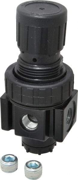 Parker - 1/4 NPT Port, 30 CFM, Zinc Economy Regulator - 2 to 125 psi Range, 300 Max psi Supply Pressure, 1/4" Gauge Port Thread, 2" Wide x 4.44" High - USA Tool & Supply