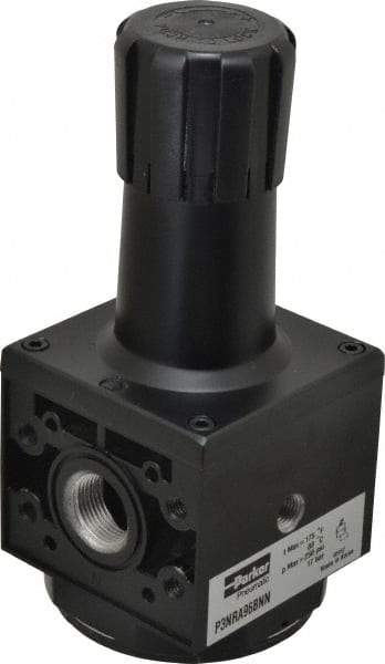 Parker - 3/4 NPT Port, 200 CFM, Aluminum Heavy-Duty Regulator - 2 to 125 psi Range, 250 Max psi Supply Pressure, 1/4" Gauge Port Thread, 3.62" Wide x 8.46" High - USA Tool & Supply