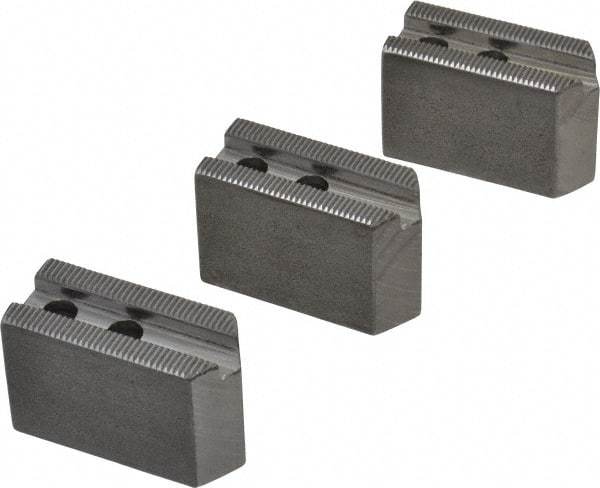 H & R Manufacturing - 5" Chuck Capacity, 1.5mm x 60° Serrated Attachment, Square Soft Lathe Chuck Jaw - 3 Jaws, Steel, 0.708" Btw Mount Hole Ctrs, 2-5/16" Long x 1" Wide x 1-1/2" High, 0.395" Groove, 8mm Fastener - USA Tool & Supply