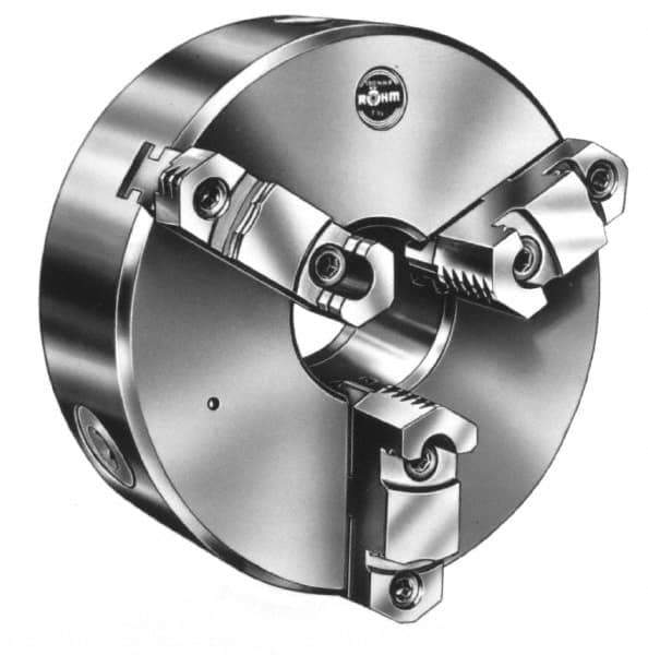 Rohm - 3 Jaws, 8" Diam, Self Centering Manual Lathe Chuck - D1-3 Mount Spindle, Reversible, 55mm Through Hole Diam, Forged Steel - USA Tool & Supply