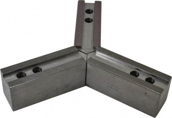 H & R Manufacturing - 12" & Up Chuck Capacity, 1.5mm x 60° Serrated Attachment, Square Soft Lathe Chuck Jaw - 3 Jaws, Steel, 1.181" Btw Mount Hole Ctrs, 6-1/4" Long x 2" Wide x 2-1/2" High, 0.827" Groove, 0.6299" & 16mm Fastener - USA Tool & Supply