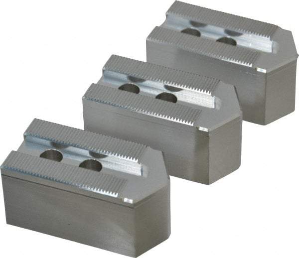 Masterman & Kovil - 6" Chuck Capacity, 1.5mm x 60° Serrated Attachment, Square Soft Lathe Chuck Jaw - 3 Jaws, Aluminum, 0.787" Btw Mount Hole Ctrs, 3mm Long x 1-1/2" Wide x 1-1/2" High, 0.473" Groove, 10mm Fastener - USA Tool & Supply