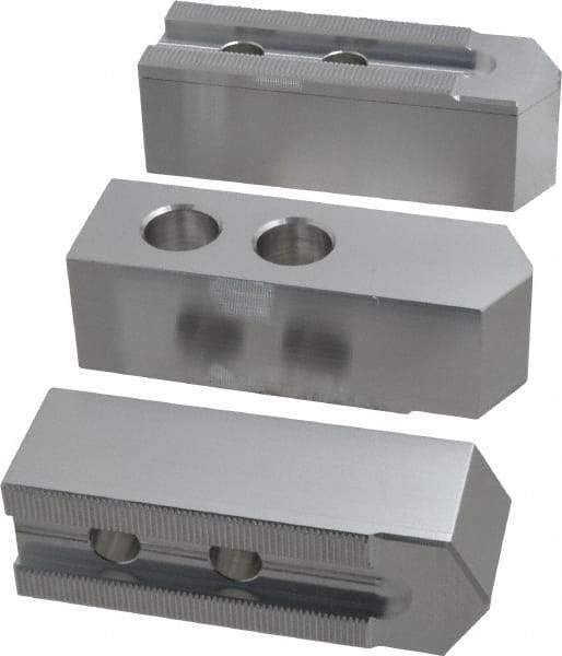 Masterman & Kovil - 10" Chuck Capacity, 1.5mm x 60° Serrated Attachment, Square Soft Lathe Chuck Jaw - 3 Jaws, Aluminum, 1.181" Btw Mount Hole Ctrs, 4.6mm Long x 1-1/2" Wide x 1-1/2" High, 0.63" Groove, 12mm Fastener - USA Tool & Supply